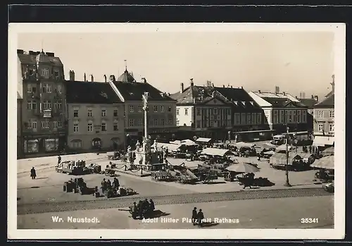AK Wr. Neustadt, Markt auf dem  Platz, Rathaus