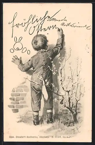 Künstler-AK Theo Zasche: Junge schreibt an Hauswand Fröhliche Ostern