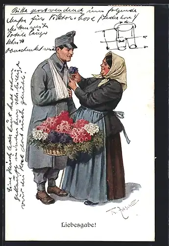 Künstler-AK Theo Zasche: Liebesgabe!, Marktfrau steckt einem verwundeten Soldaten eine Blume an die Uniformjacke