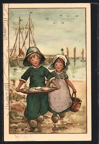 Künstler-AK I.M.J.: Kinderpaar in niederländischer Tracht am Hafen