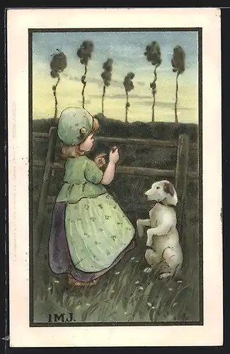 Künstler-AK I.M.J.: Mädchen spielt mit Hund