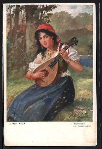 Künstler-AK Josef Süss: Hübsche Zigeunerin spielt auf einer Laute
