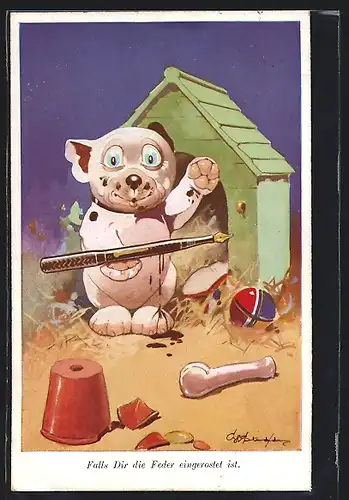 Künstler-AK Georg Edward Shepheard: Bonzo präsentiert einen Federhalter