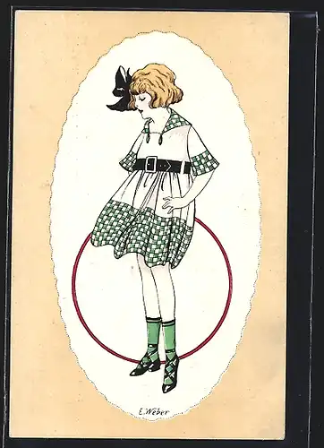 Künstler-AK E. Weber: Mädchen mit Hula-Hoop-Reifen