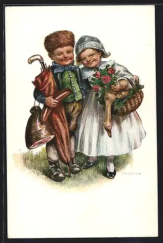 Künstler-AK H. Zahl: Junges Pärchen in Volkstrachten mit Blumen, Schinken und einem Regenschirm, Namenstag