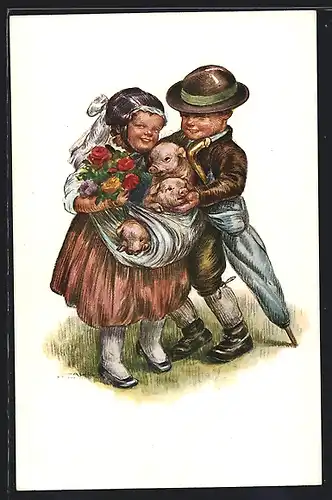 Künstler-AK H. Zahl: Kleines Paar mit Ferkeln