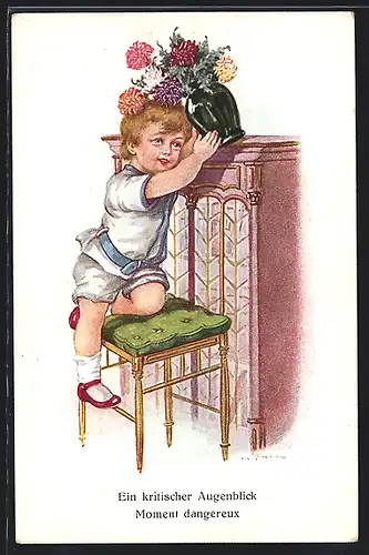 Künstler-AK H.Zahl: Kleiner Junge auf einem Hocker hält fallende Vase