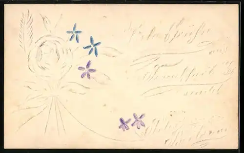 Papierkunst-AK Rose mit gezeichneten Blüten