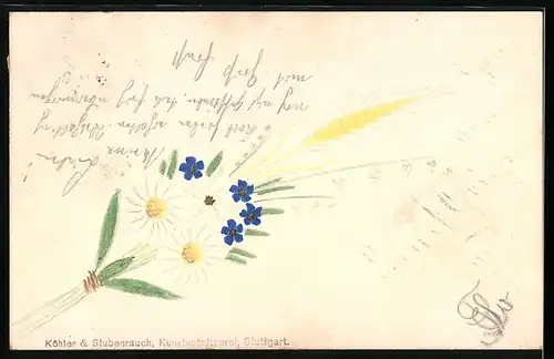 Papierkunst-AK Blumenstrauss mit gezeichneten Blumen