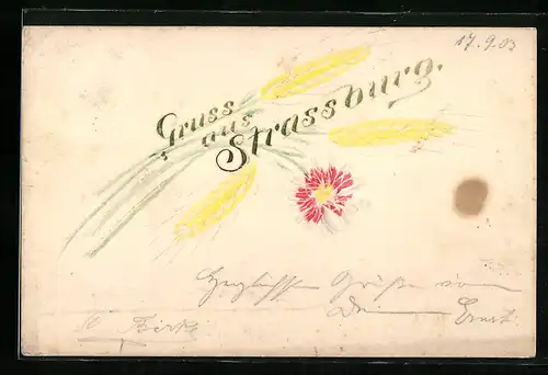 Papierkunst-AK Getreideähren und Blume mit gezeichneten Details