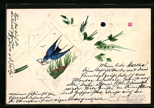 Papierkunst-AK Weisse Blumen mit gezeichneten Stielen und Brieftaube