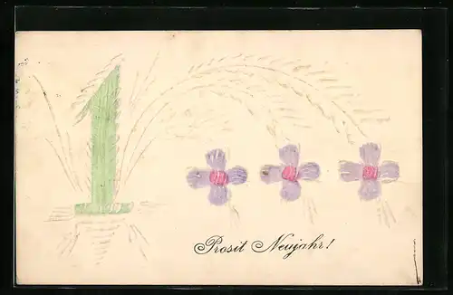 Papierkunst-AK Prosit Neujahr, nachgezeichnete 1 mit Blumen und Gräsern