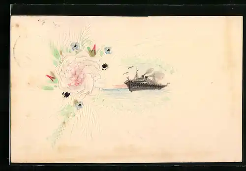 Papierkunst-AK Blumen und Blätterzweige, gezeichneter Dampfer