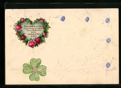 Papierkunst-AK Blätterzweige mit gezeichnetem Kleeblatt, aufgeklebtes Poesiebild