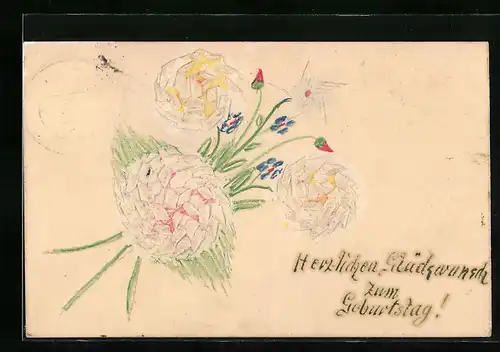 Papierkunst-AK Geburtstagsgruss mit Blumenstrauss, gezeichnete Details