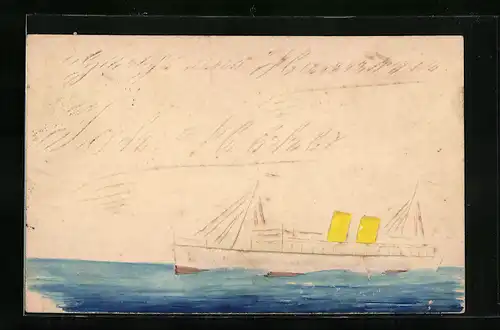 Papierkunst-AK Boot auf See mit gezeichneten Details