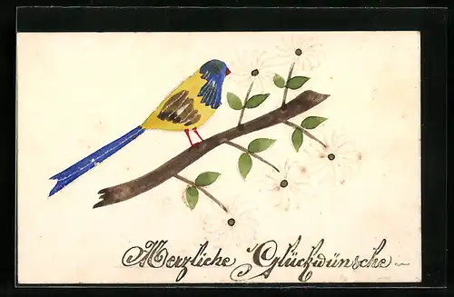 Papierkunst-AK Schöner Vogel auf einem gezeichneten und geklebtem Ast