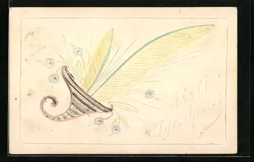 Papierkunst-AK Horn mit Blumen, gezeichnete Details