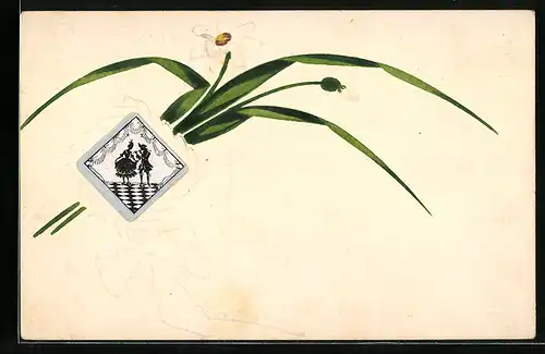 Papierkunst-AK gezeichnete Gräser mit Blüte und Bild eines Liebespaares