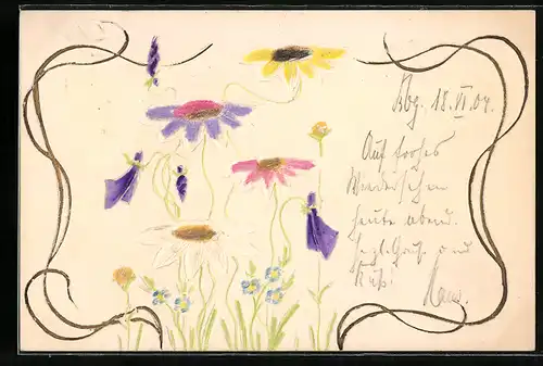 Papierkunst-AK Blumen und Blüten mit gezeichneten Details