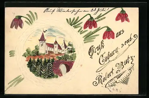 Papierkunst-AK Schloss-Motiv im geklebten Blätterrahmen, gezeichnete Blumen