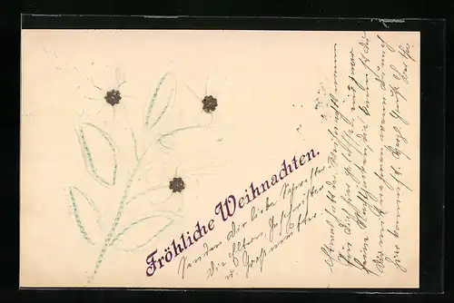 Papierkunst-AK Blüten mit gezeichneten Details