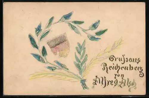 Papierkunst-AK gezeichnete Details auf Wappen und Blätterzweigen