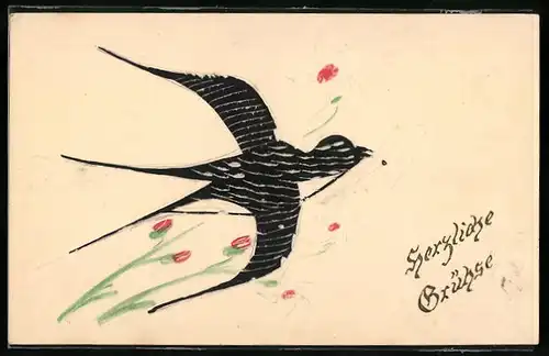 Papierkunst-AK Brieftaube und Blumen mit gezeichneten Details