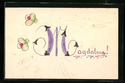 Papierkunst-AK Weie Blumen mit gezeichneten Details und Buchstaben M