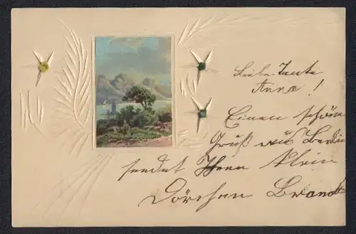 Papierkunst-AK Weisse Blumen und Blätterzweige mit Landschaftsbild