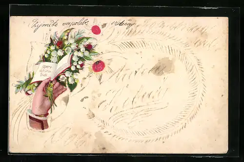 Papierkunst-AK Weisse Blumen und Blätterzweige mit aufgeklebtem Blumenstrauss, 1906