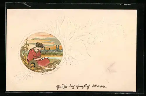 Papierkunst-AK Weisser Blumenstrauss mit aufgeklebtem Frauenportrait