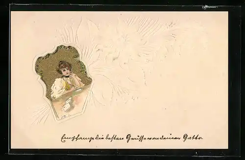 Papierkunst-AK Weisser Blumenstrauss mit aufgeklebtem Frauenportrait