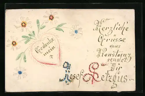 Papierkunst-AK Weisse Blumen und Herz mit gezeichneten Details