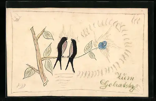Papierkunst-AK Weisse Blumen und Vogelpaar auf einem Ast mit gezeichneten Details