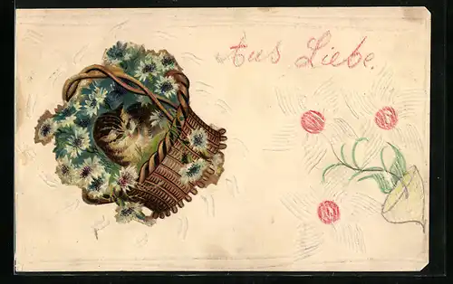 Papierkunst-AK Weisse Blumen mit gezeichneten Details und aufgeklebtem Poesiebild