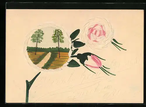 Papierkunst-AK Blüten und stilvoller Rahmen mit gezeichneten Details