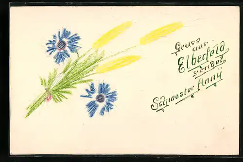 Papierkunst-AK Strauss mit Blumen und Getreidähren mit gezeichneten Details