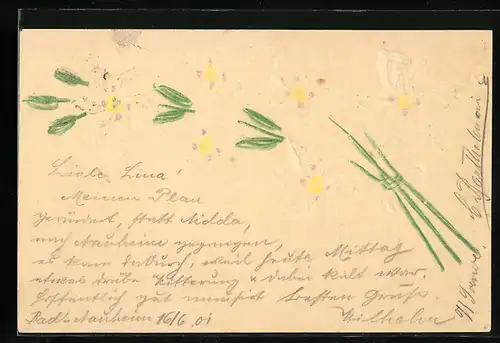 Papierkunst-AK Weisser Blumenstrauss mit gezeichneten Details