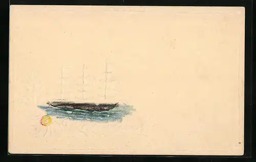 Papierkunst-AK Segelschiff und Blüte mit gezeichneten Details