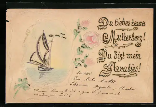 Papierkunst-AK Blumen und Segelboot mit gezeichneten Details