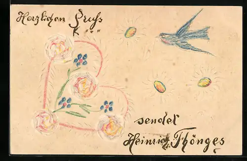 Papierkunst-AK Herz mit Blüten und Brieftaube, gezeichnete Details