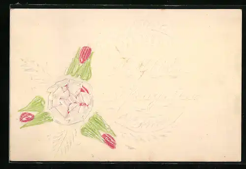 Papierkunst-AK Weisse Blume und Blätter mit gezeichneten Details