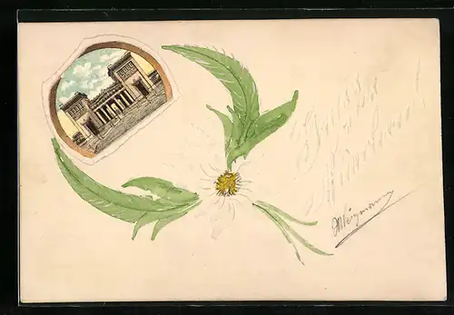 Papierkunst-AK Blume und Blätter mit gezeichneten Details, aufgeklebtes Bild eines Gebäudes