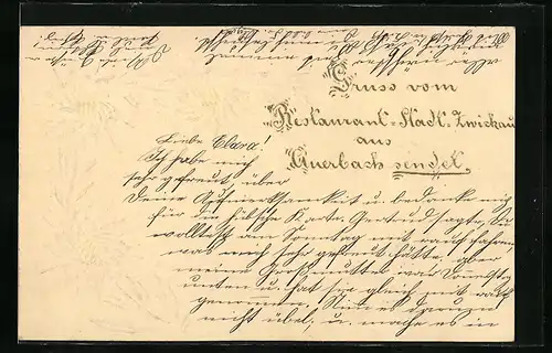 Papierkunst-AK Weisse Blüten und Blätter mit einem Gruss vom Restaurant Stadt Zwickau