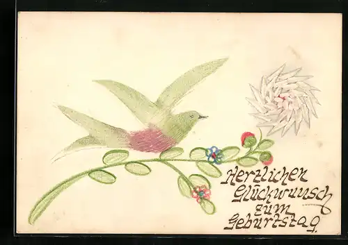 Papierkunst-AK Taube und Blume mit gezeichneten Details