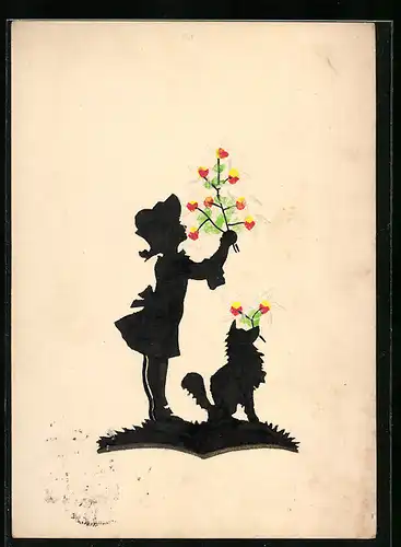 Papierkunst-AK Mädchen und Hund halten Blumen
