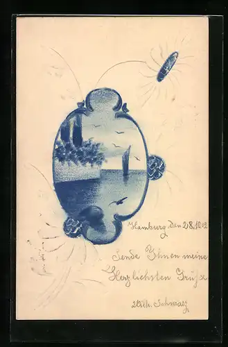 Papierkunst-AK Seeidylle mit Segelboot