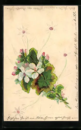 Papierkunst-AK Weisse Blumen und aufgeklebten farbigen Blumen