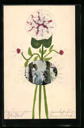 Papierkunst-AK Blume gemalt und geklebt, Soldat mit Mädchen